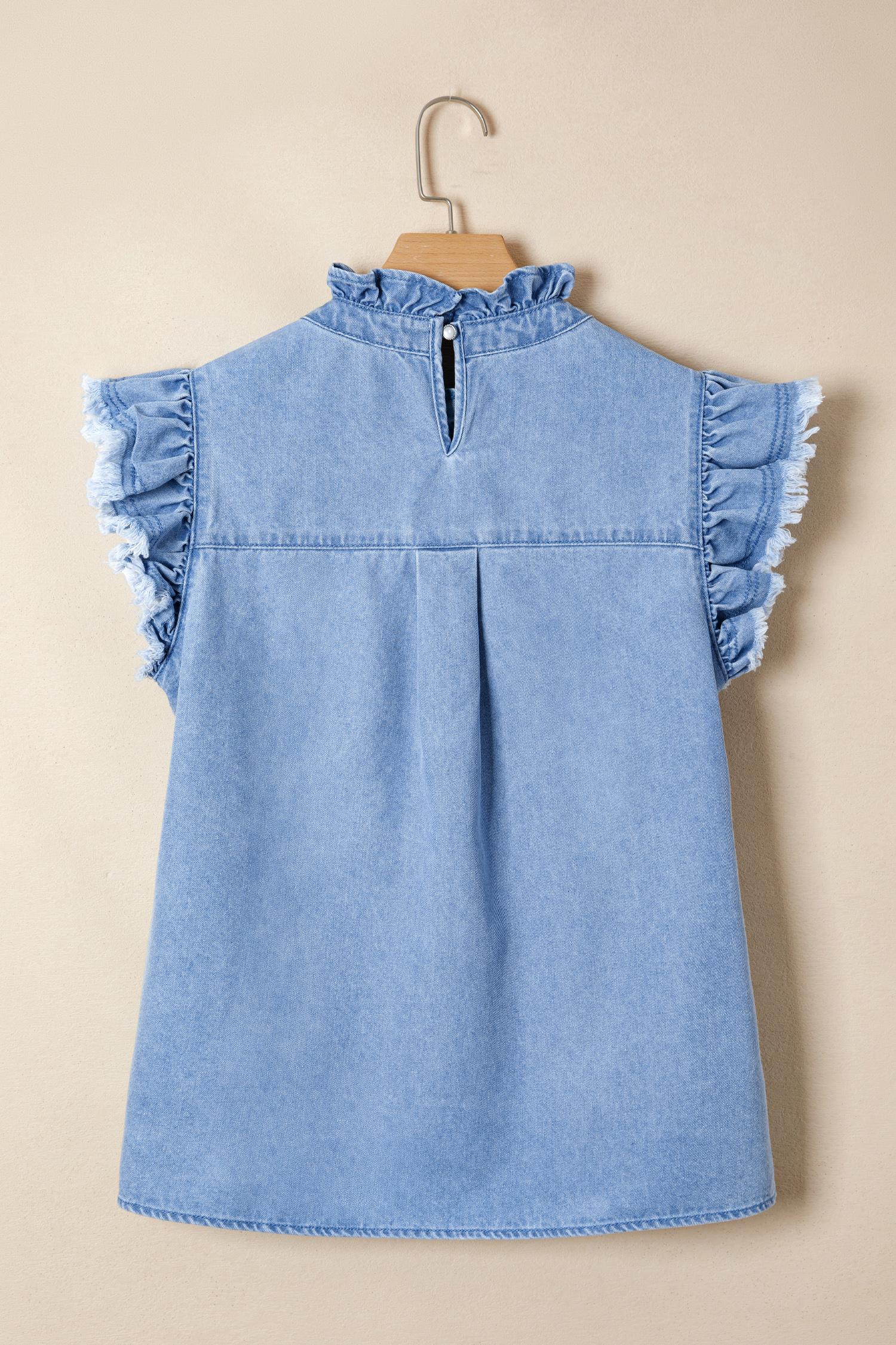 Chic Denim Flutter Sleeve Blouse for Women – Beau Blue Raw Hem Top, Casual Summer Vacation Style - Detail View 5 Chic Denim Flutter Sleeve Blouse for Women – Beau Blue Raw Hem Top, Casual Summer Vacation Style - Detail View 5