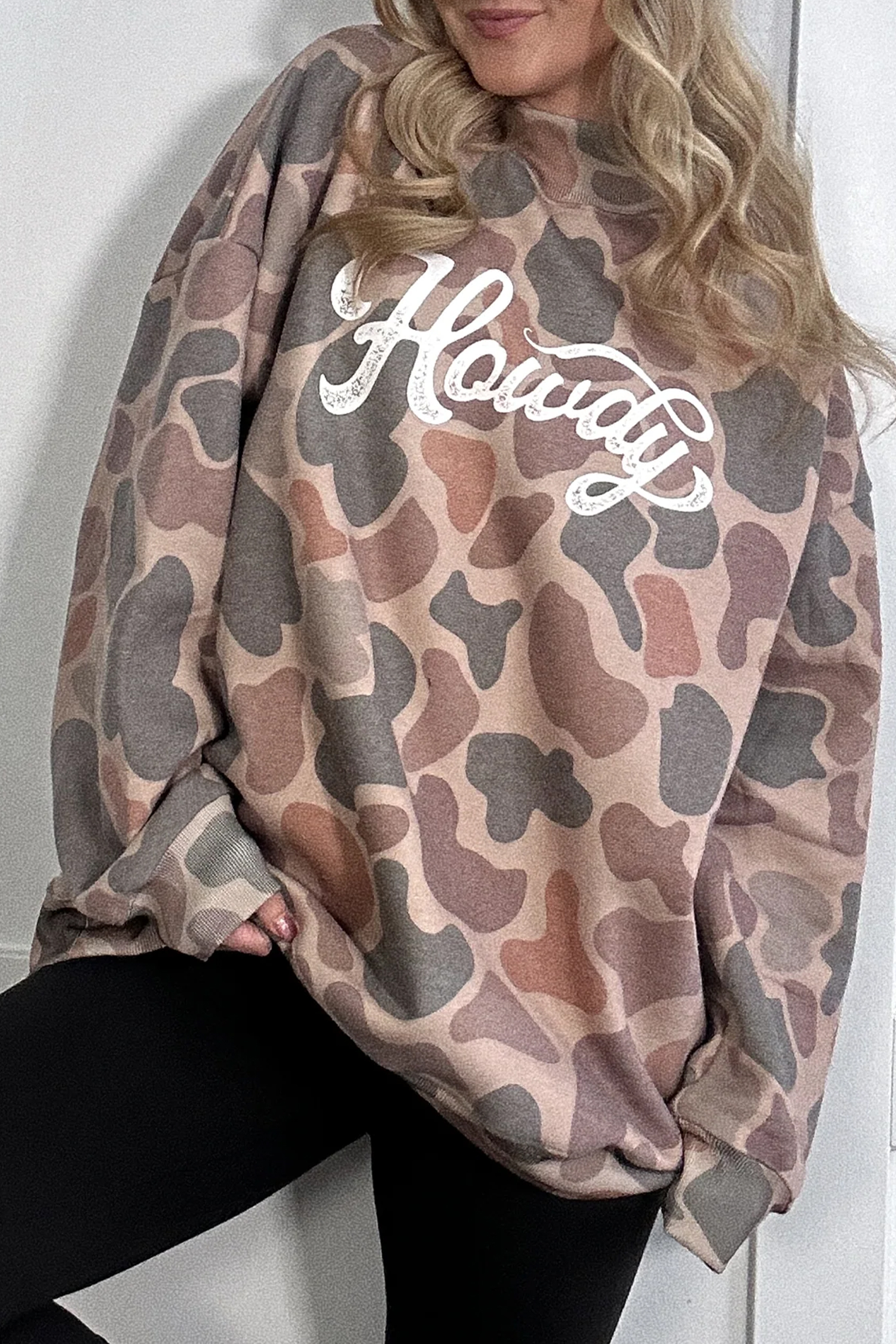 Women's Camo Howdy Graphic Sweatshirt – Long Sleeve Fall Top - Detail View 9 Women's Camo Howdy Graphic Sweatshirt – Long Sleeve Fall Top - Detail View 9