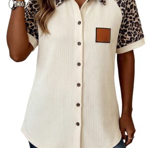 Women's Leopard Patchwork Shirt – Ribbed Texture Button Down Short Sleeve Top - Main View