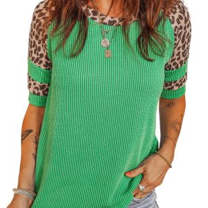 Women's Green Corded Rib Leopard Color Block Tunic Tee – Stylish Summer Top for Daily Wear - Main View