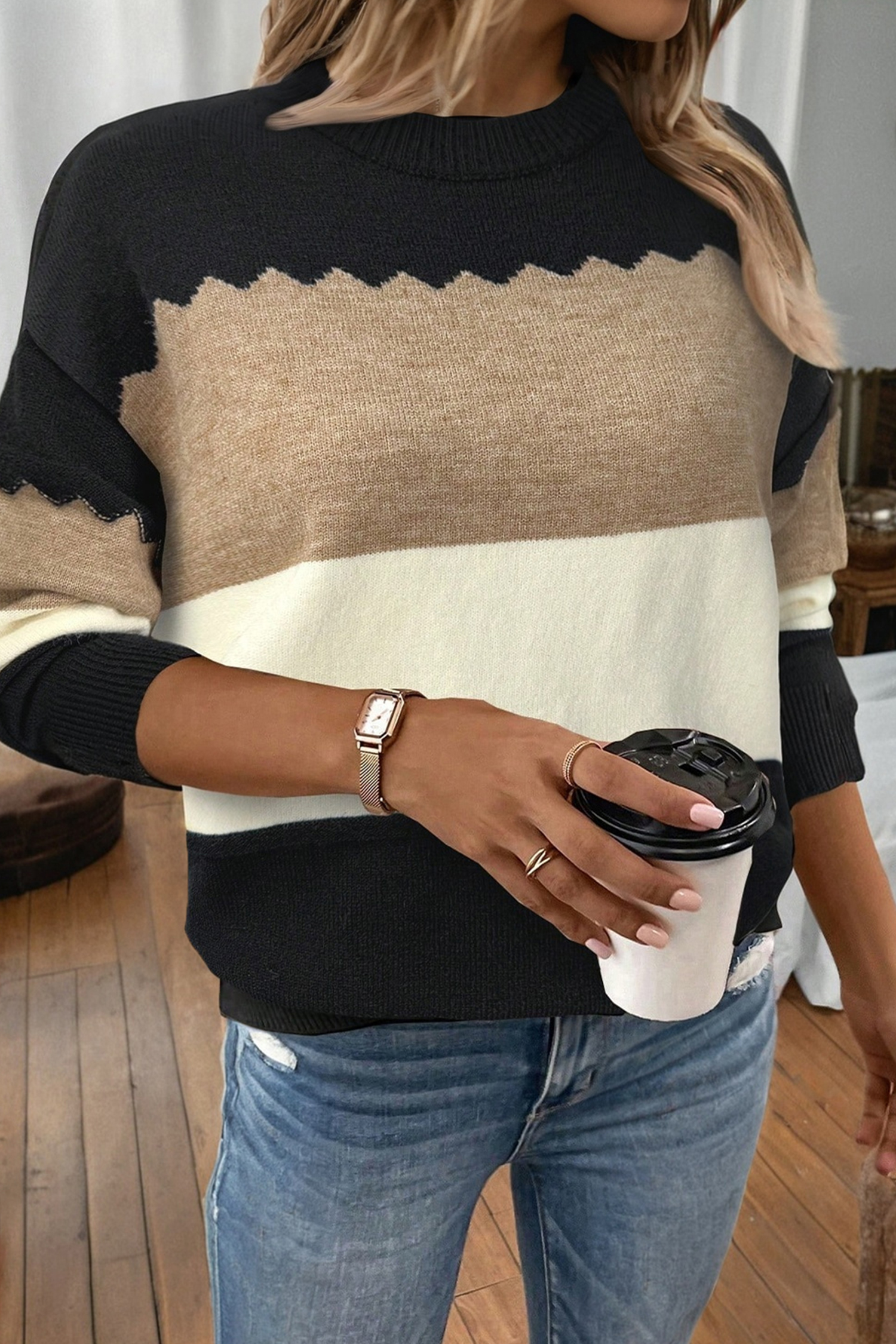 Versatile Black Colorblock Long Sleeve Sweater for Women – Crew Neck Shift Style for Seasonal Comfort - Detail View 3 Versatile Black Colorblock Long Sleeve Sweater for Women – Crew Neck Shift Style for Seasonal Comfort - Detail View 3