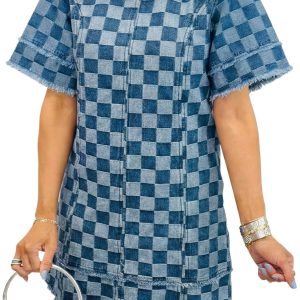 Sky Blue Checkered Denim Mini Dress for Women – Casual Summer Style for Daily Wear - Main View
