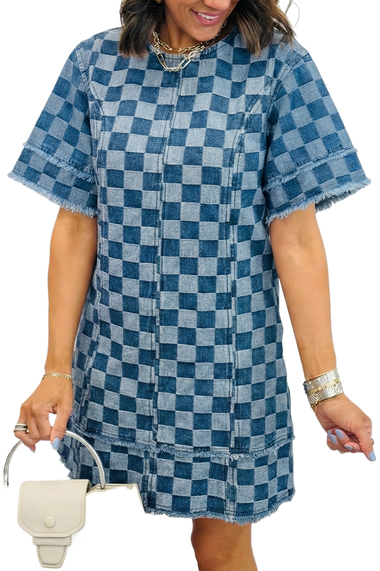 Sky Blue Checkered Denim Mini Dress for Women – Casual Summer Style for Daily Wear - Main View Sky Blue Checkered Denim Mini Dress for Women – Casual Summer Style for Daily Wear - Main View