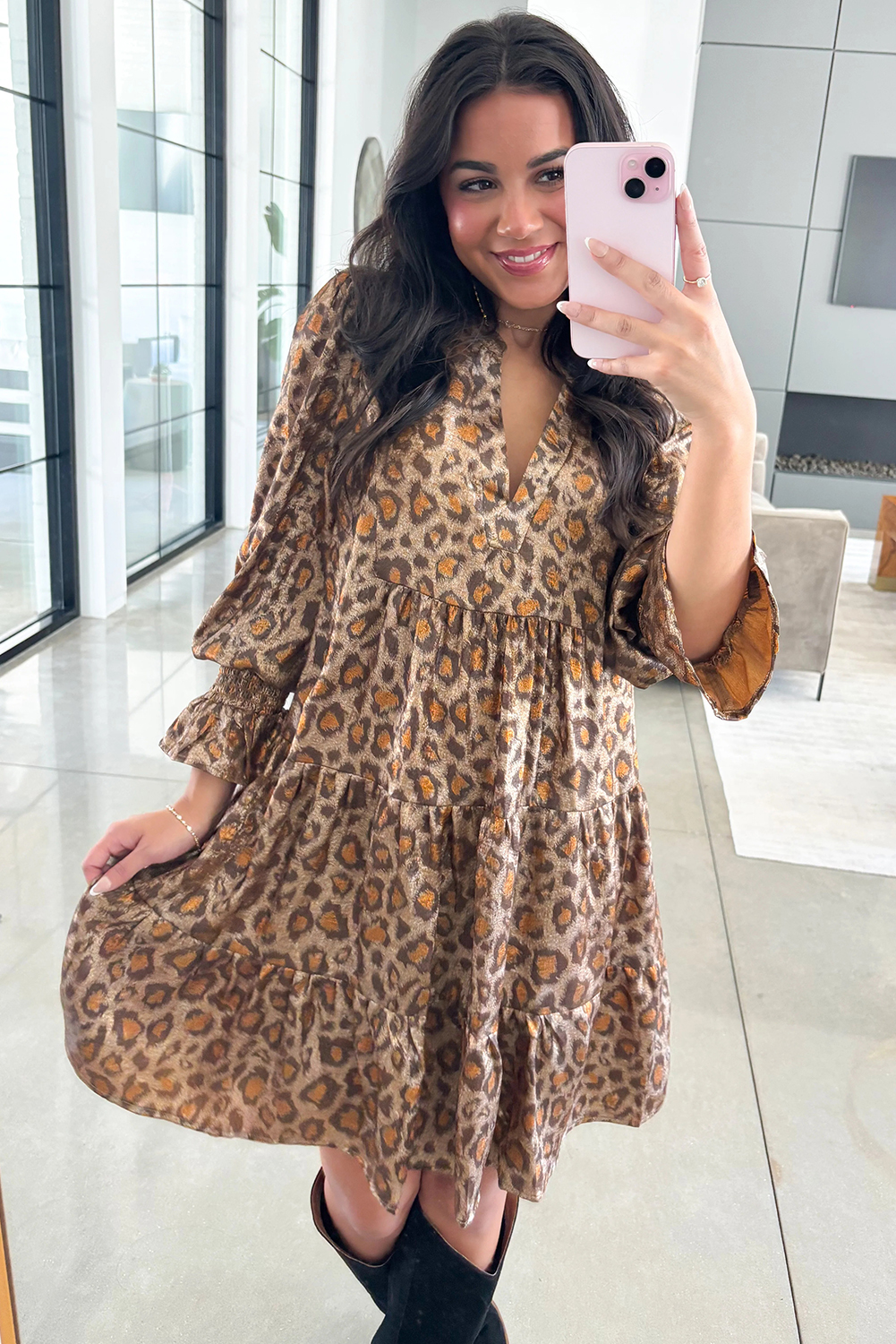 Women's Khaki Leopard Print Mini Dress – Casual V Neck Ruffled Sleeve for Daily Wear - Detail View 7 Women's Khaki Leopard Print Mini Dress – Casual V Neck Ruffled Sleeve for Daily Wear - Detail View 7