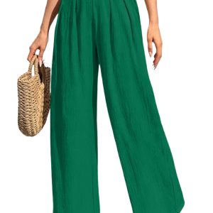 Women's Evergreen Solid Color Loose Pants – Casual Crisscross Waist Design for Everyday Comfort - Main View