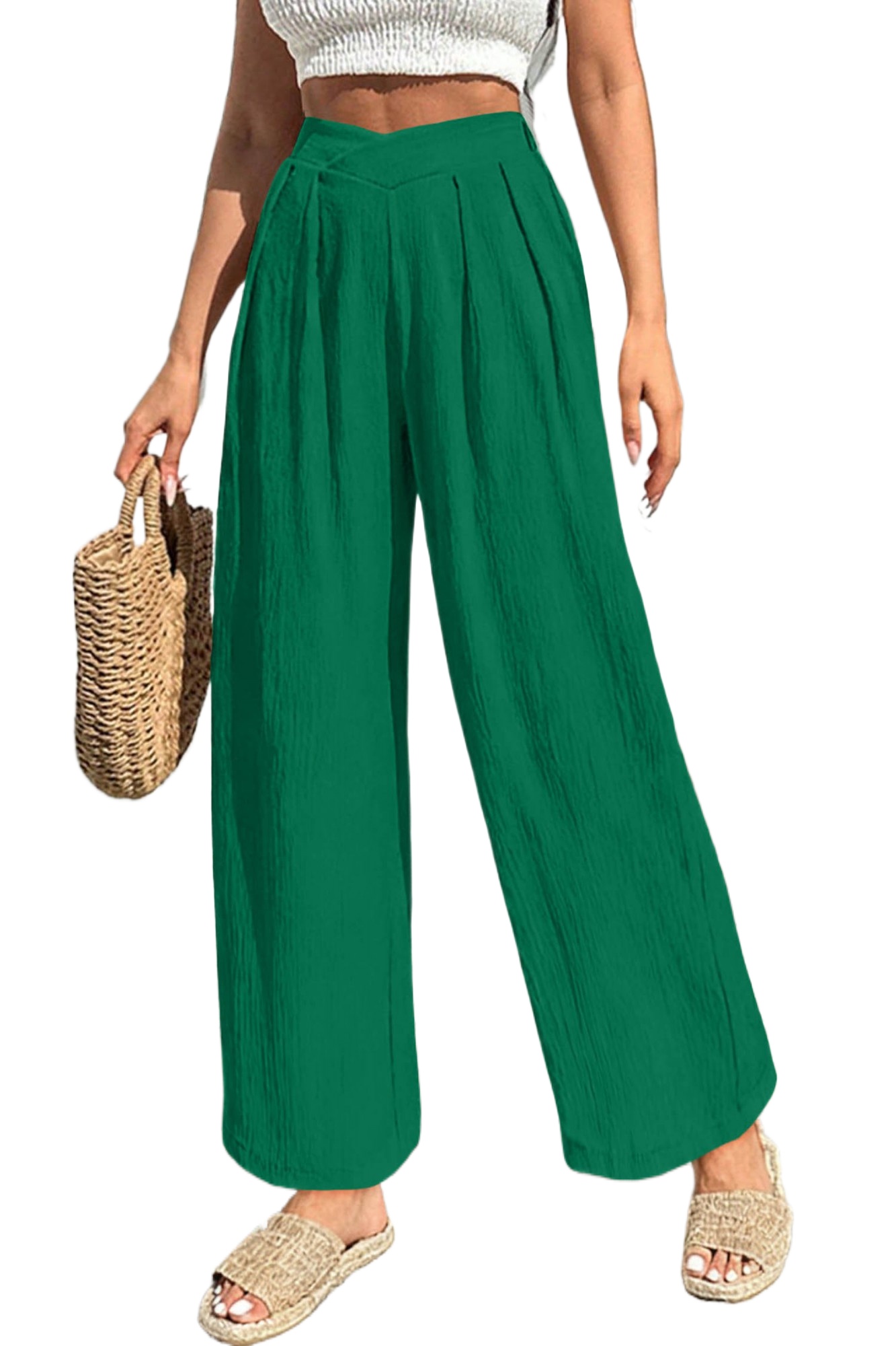 Women's Evergreen Solid Color Loose Pants – Casual Crisscross Waist Design for Everyday Comfort - Main View Women's Evergreen Solid Color Loose Pants – Casual Crisscross Waist Design for Everyday Comfort - Main View