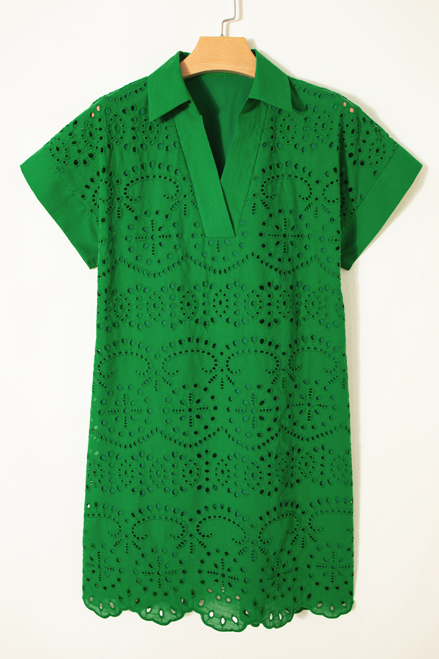 Chic Green Solid Mini Dress with Eyelet Embroidery – Ideal for Vacation and Daily Outings - Detail View 5 Chic Green Solid Mini Dress with Eyelet Embroidery – Ideal for Vacation and Daily Outings - Detail View 5