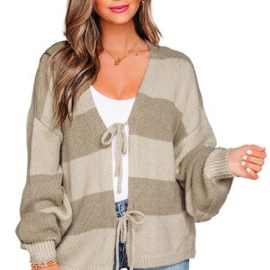 Khaki Striped Color Block Bow Tie Front Sweater Cardigan - Casual Long Sleeve - Main View