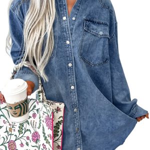 Women's Blue Denim Shirt Dress with Chest Pocket – Loose Raw Hem Casual Daily Wear - Main View