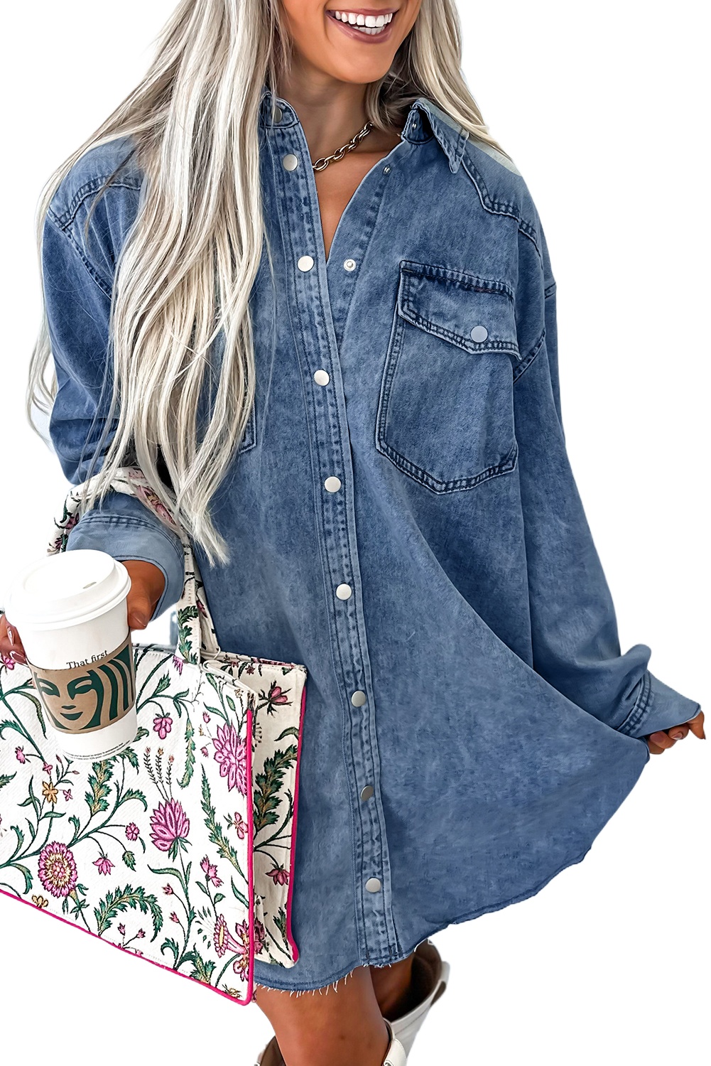 Women's Blue Denim Shirt Dress with Chest Pocket – Loose Raw Hem Casual Daily Wear - Main View Women's Blue Denim Shirt Dress with Chest Pocket – Loose Raw Hem Casual Daily Wear - Main View