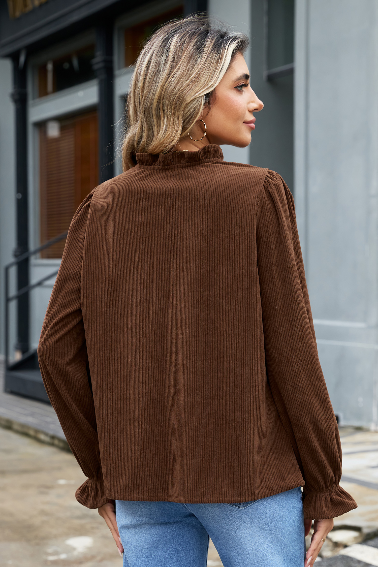 Women's Corduroy V-Neck Blouse – Long Sleeve Ruffle Trim Shirt - Detail View 16 Women's Corduroy V-Neck Blouse – Long Sleeve Ruffle Trim Shirt - Detail View 16