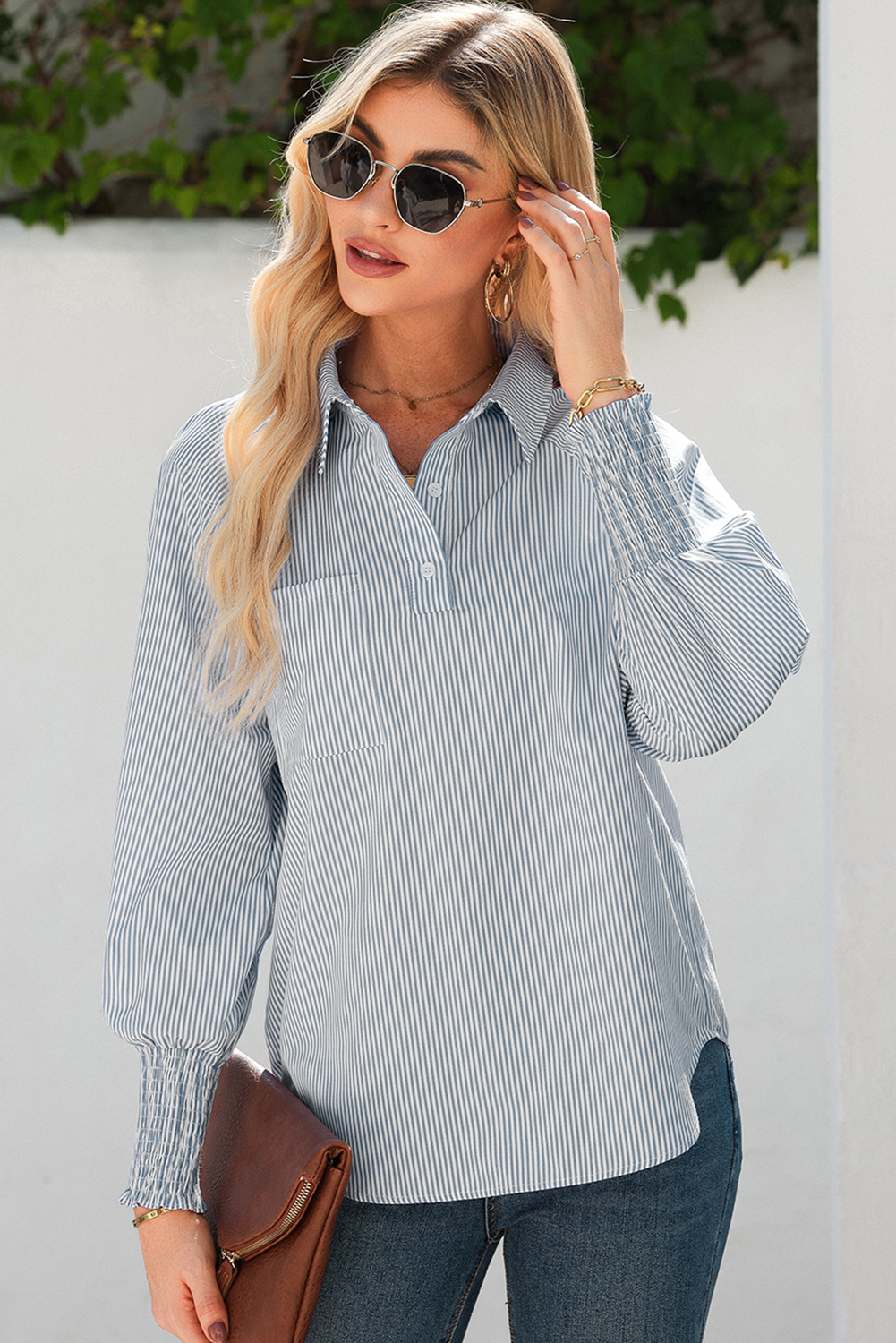 Modern Gray Pinstripe Shirt – Women's Fall Casual Blouse - Detail View 6 Modern Gray Pinstripe Shirt – Women's Fall Casual Blouse - Detail View 6