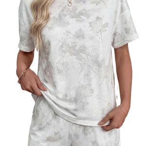 Women's White Woodland Camo 2-Piece Short Set – Casual Leaf Print Round Neck Top and High Waist Shorts - Main View