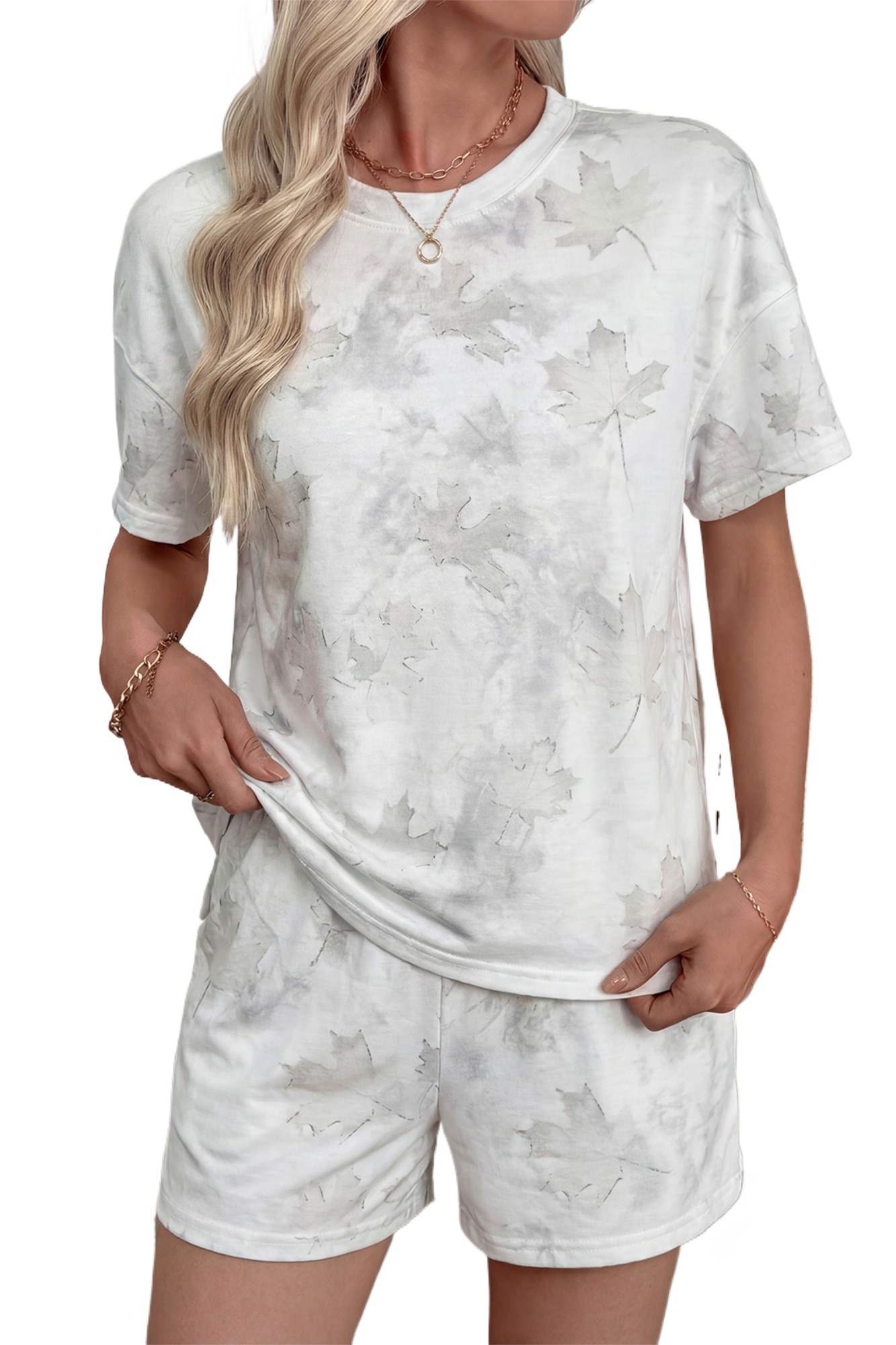 Women's White Woodland Camo 2-Piece Short Set – Casual Leaf Print Round Neck Top and High Waist Shorts - Main View Women's White Woodland Camo 2-Piece Short Set – Casual Leaf Print Round Neck Top and High Waist Shorts - Main View