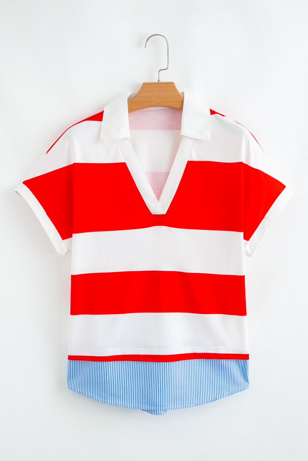 Stylish Short Sleeve Top with Collar and Color Block Stripes for Women - Detail View 3 Stylish Short Sleeve Top with Collar and Color Block Stripes for Women - Detail View 3