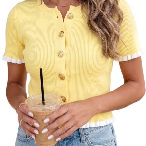 Women's Ribbed Knit Cardigan – Short Sleeve Summer Sweater - Main View