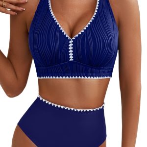 Women's Navy Blue High Waisted Bikini Set – Textured V Neck Swimsuit with Rick Rack Trim, Beach Vacation Style - Main View