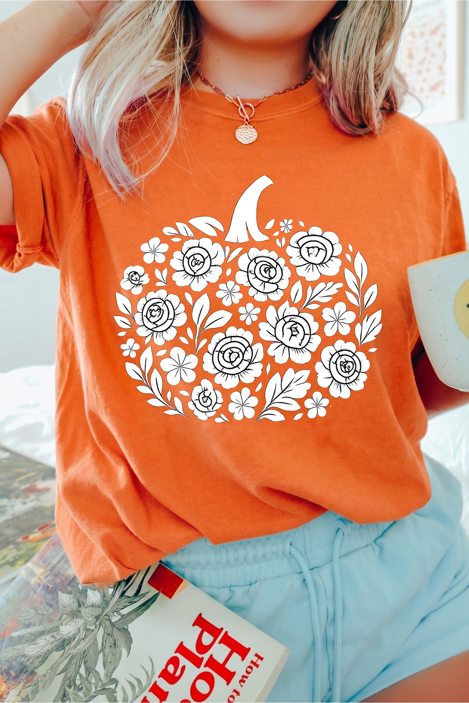 Fall Graphic Pumpkin Women's Tee, Cuffed Sleeve Floral Top - Detail View 2 Fall Graphic Pumpkin Women's Tee, Cuffed Sleeve Floral Top - Detail View 2