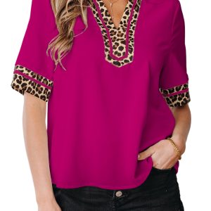 Women's Violet Leopard Patchwork Blouse – Short Sleeve V Neck Colorblock Shift Top for Office and Daily Wear - Main View