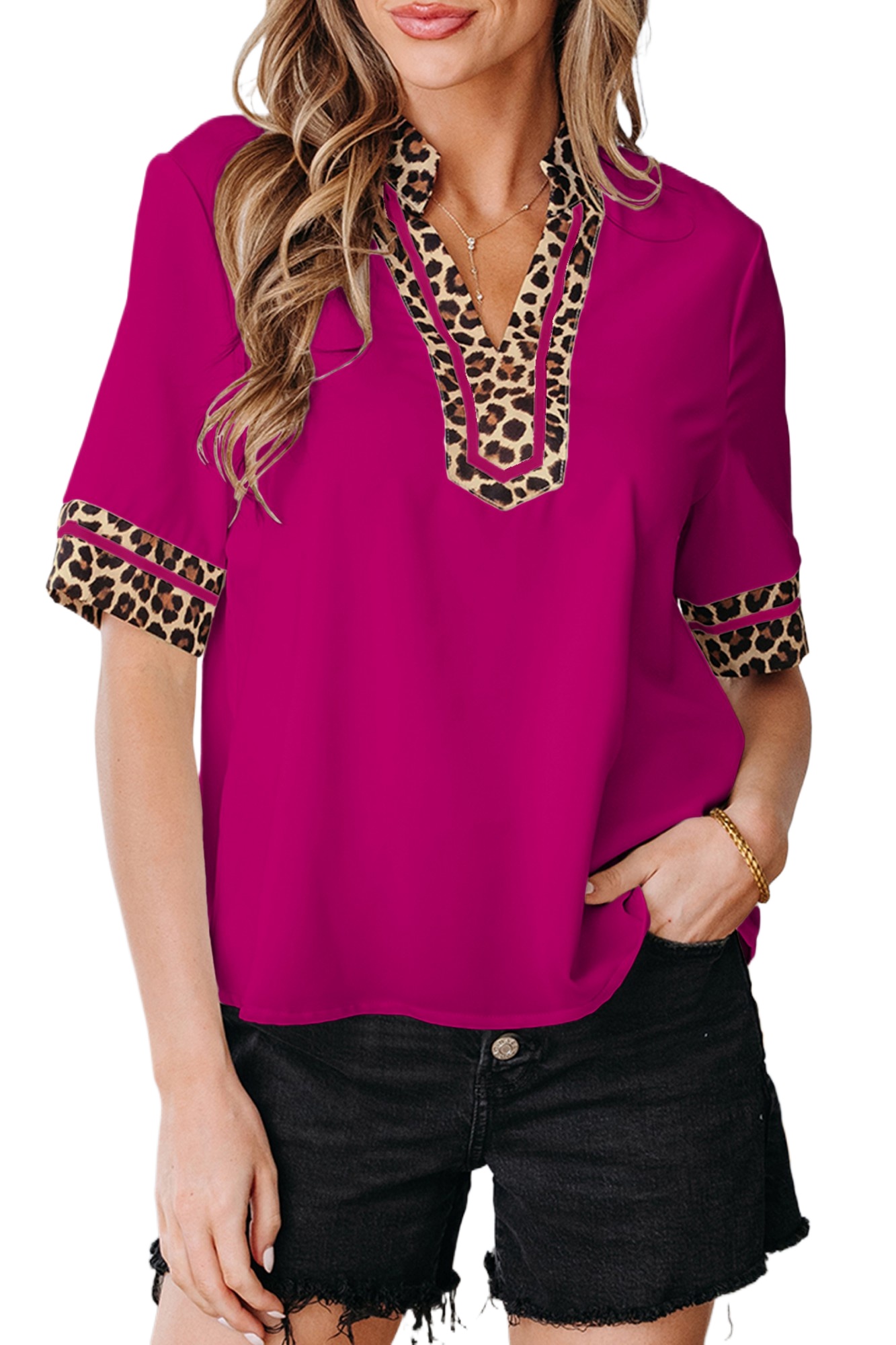 Women's Violet Leopard Patchwork Blouse – Short Sleeve V Neck Colorblock Shift Top for Office and Daily Wear - Main View Women's Violet Leopard Patchwork Blouse – Short Sleeve V Neck Colorblock Shift Top for Office and Daily Wear - Main View