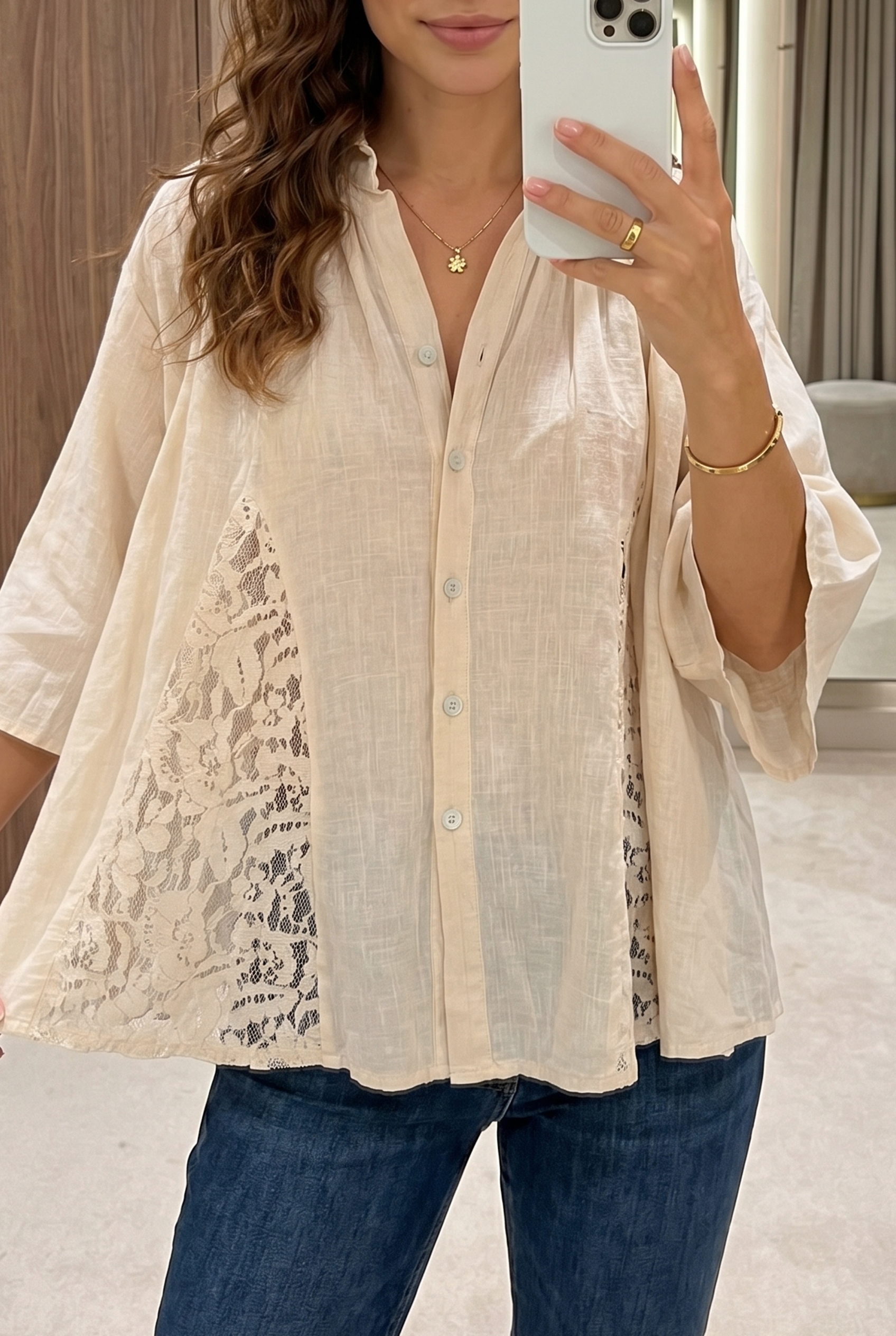 Oversized Lace Patchwork Blouse, Flowy Women Vacation Shirt - Detail View 2 Oversized Lace Patchwork Blouse, Flowy Women Vacation Shirt - Detail View 2