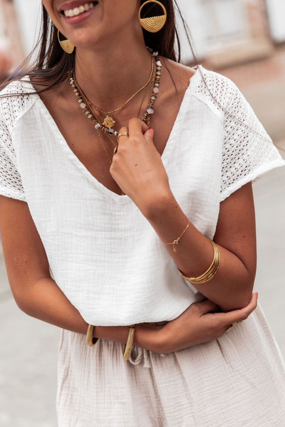 Women's T-Shirt, White Lace, Crochet Detail, V Neck, Button Back, Casual Style, Vacation Wear, Summer Fashion, Textured Fabric, Elegant Design, Short Sleeve, Cotton, Tops & Tees - Detail View 4 Women's T-Shirt, White Lace, Crochet Detail, V Neck, Button Back, Casual Style, Vacation Wear, Summer Fashion, Textured Fabric, Elegant Design, Short Sleeve, Cotton, Tops & Tees - Detail View 4
