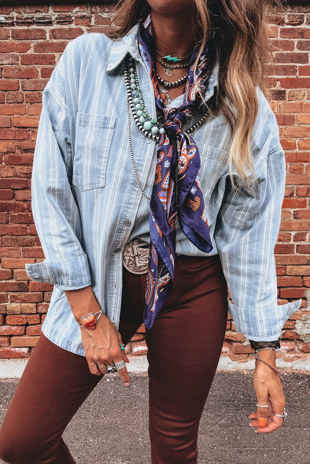 Casual Sky Blue Stripe Boyfriend Shacket for Women – Classic Denim with Pocket for Daily Style - Detail View 6 Casual Sky Blue Stripe Boyfriend Shacket for Women – Classic Denim with Pocket for Daily Style - Detail View 6