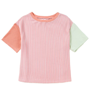 Women's Rose Red Corded Colorblock Crewneck Tee - Casual Summer Top - Main View