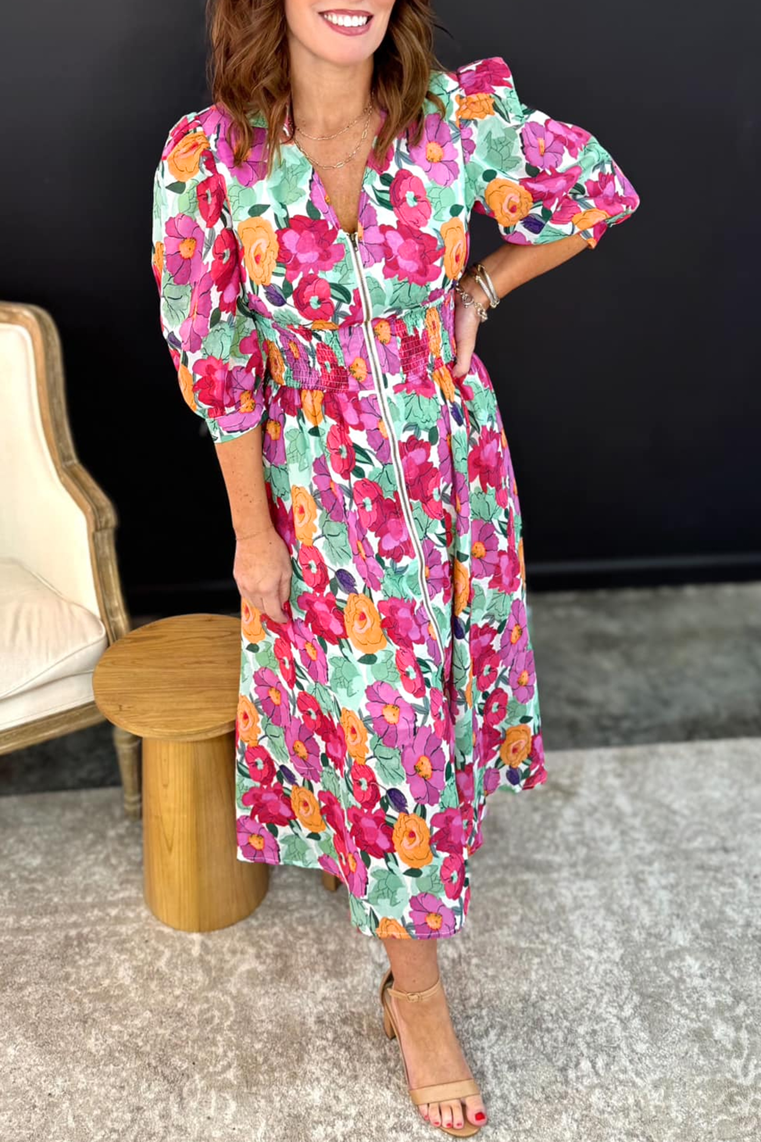Casual Floral Print Midi Dress for Women – Half Sleeve V Neck A-Line Dress with Zip Up Detail, Daily Summer Wear - Detail View 5 Casual Floral Print Midi Dress for Women – Half Sleeve V Neck A-Line Dress with Zip Up Detail, Daily Summer Wear - Detail View 5
