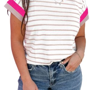 Women's Khaki Stripe Color Block Top – Casual Short Sleeve for Everyday Style - Main View