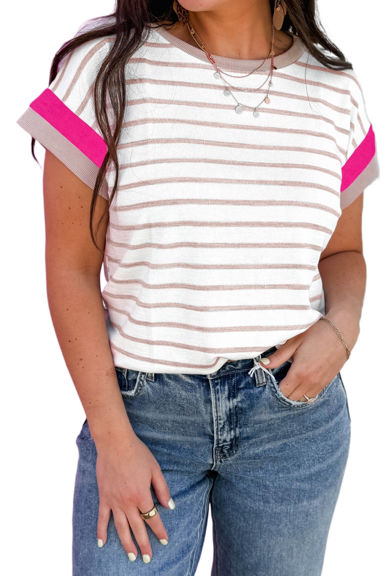 Women's Khaki Stripe Color Block Top – Casual Short Sleeve for Everyday Style - Main View Women's Khaki Stripe Color Block Top – Casual Short Sleeve for Everyday Style - Main View