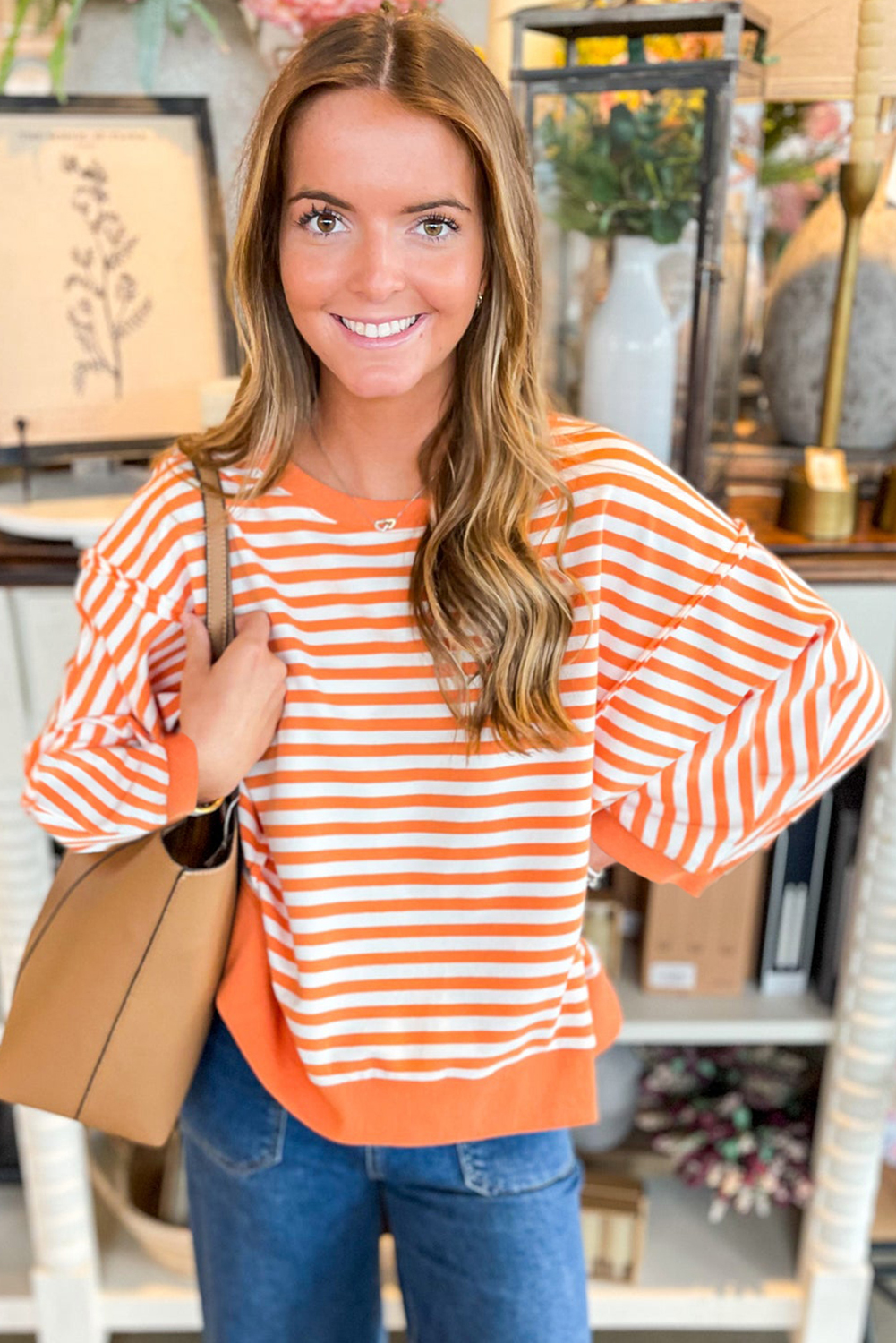 Stylish and Comfortable Orange Striped Round Neck Pullover for Daily Wear - Detail View 6 Stylish and Comfortable Orange Striped Round Neck Pullover for Daily Wear - Detail View 6