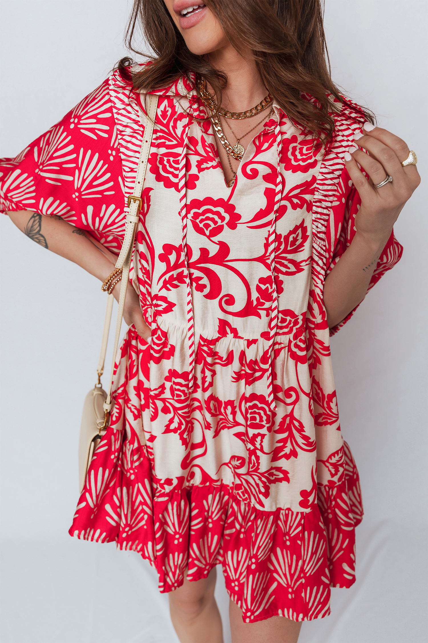 Chic Red Collared V Neck Mini Dress – Effortless Half Sleeve Floral Style for Daily Wear - Detail View 2 Chic Red Collared V Neck Mini Dress – Effortless Half Sleeve Floral Style for Daily Wear - Detail View 2