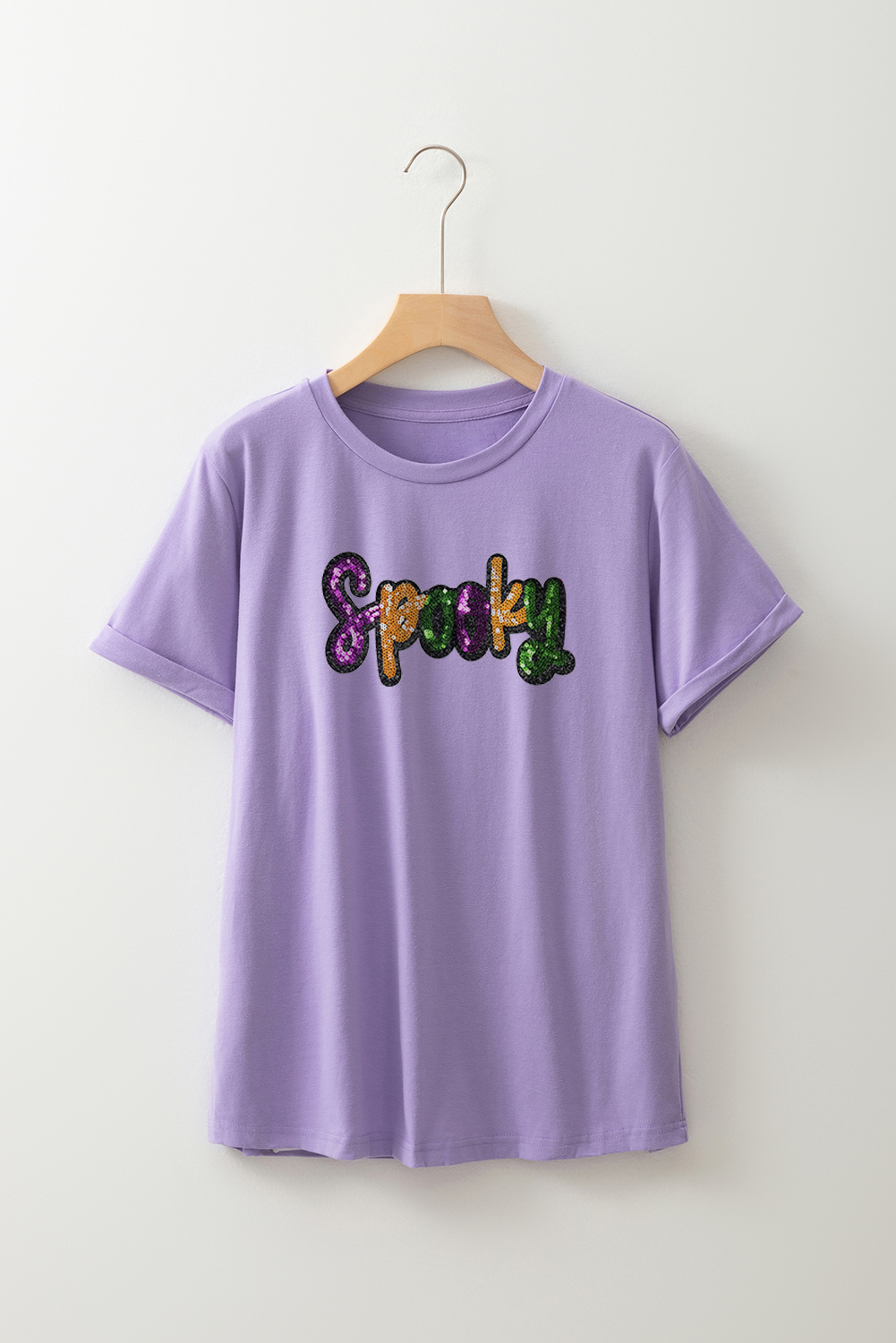 Casual Short Sleeve Round Neck T-Shirt with Fun Letter Patch Design in Wisteria - Detail View 7 Casual Short Sleeve Round Neck T-Shirt with Fun Letter Patch Design in Wisteria - Detail View 7