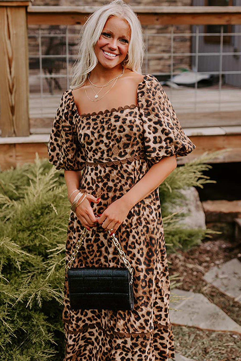 Women's Maxi Dress, Brown Leopard Print, Bubble Sleeve, Square Neck, Casual Dress, Summer Fashion, Trendy Outfit, Elegant Style, Flowy Look, High Waist, Puff Sleeve, Daily Wear, Polyester Dress, A-Line Silhouette - Detail View 4 Women's Maxi Dress, Brown Leopard Print, Bubble Sleeve, Square Neck, Casual Dress, Summer Fashion, Trendy Outfit, Elegant Style, Flowy Look, High Waist, Puff Sleeve, Daily Wear, Polyester Dress, A-Line Silhouette - Detail View 4