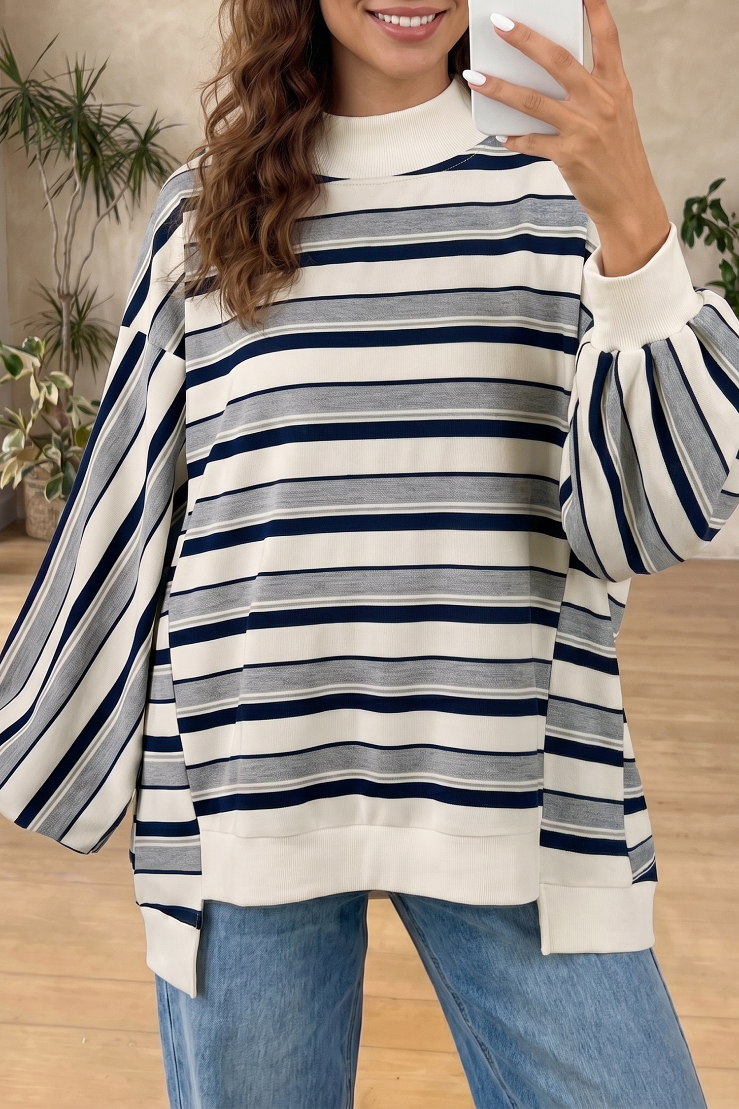 Casual Striped Sweatshirt, Relaxed Mock Neck Long Sleeve Top - Detail View 3 Casual Striped Sweatshirt, Relaxed Mock Neck Long Sleeve Top - Detail View 3