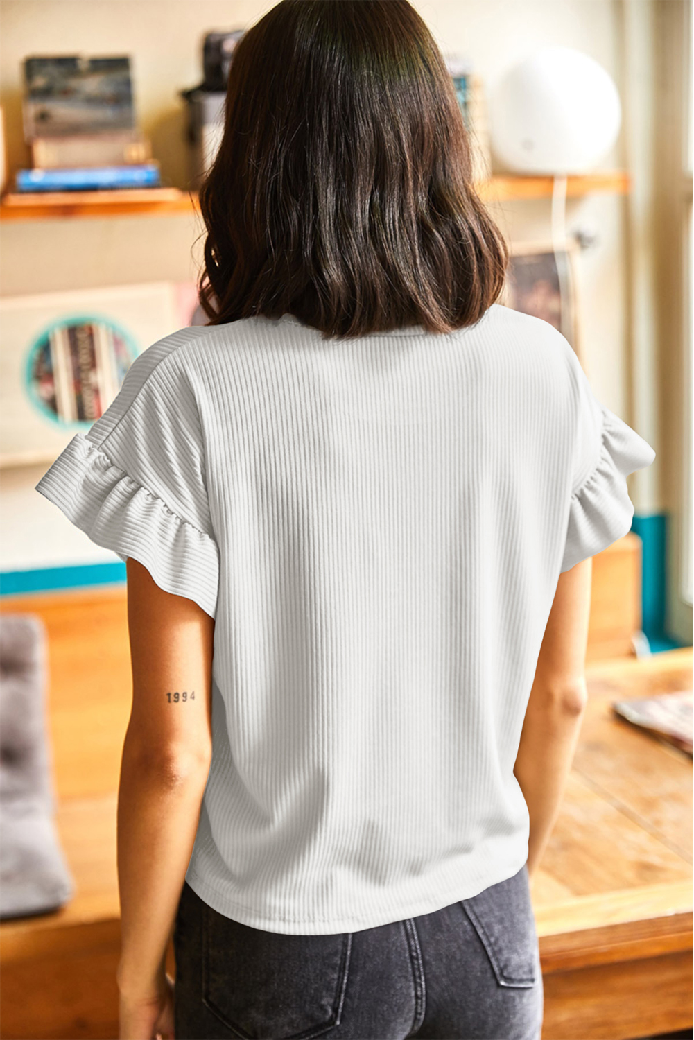 Chic White Solid Ruffled Short Sleeve Top for Women – Effortless Style for Office and Beyond - Detail View 2 Chic White Solid Ruffled Short Sleeve Top for Women – Effortless Style for Office and Beyond - Detail View 2