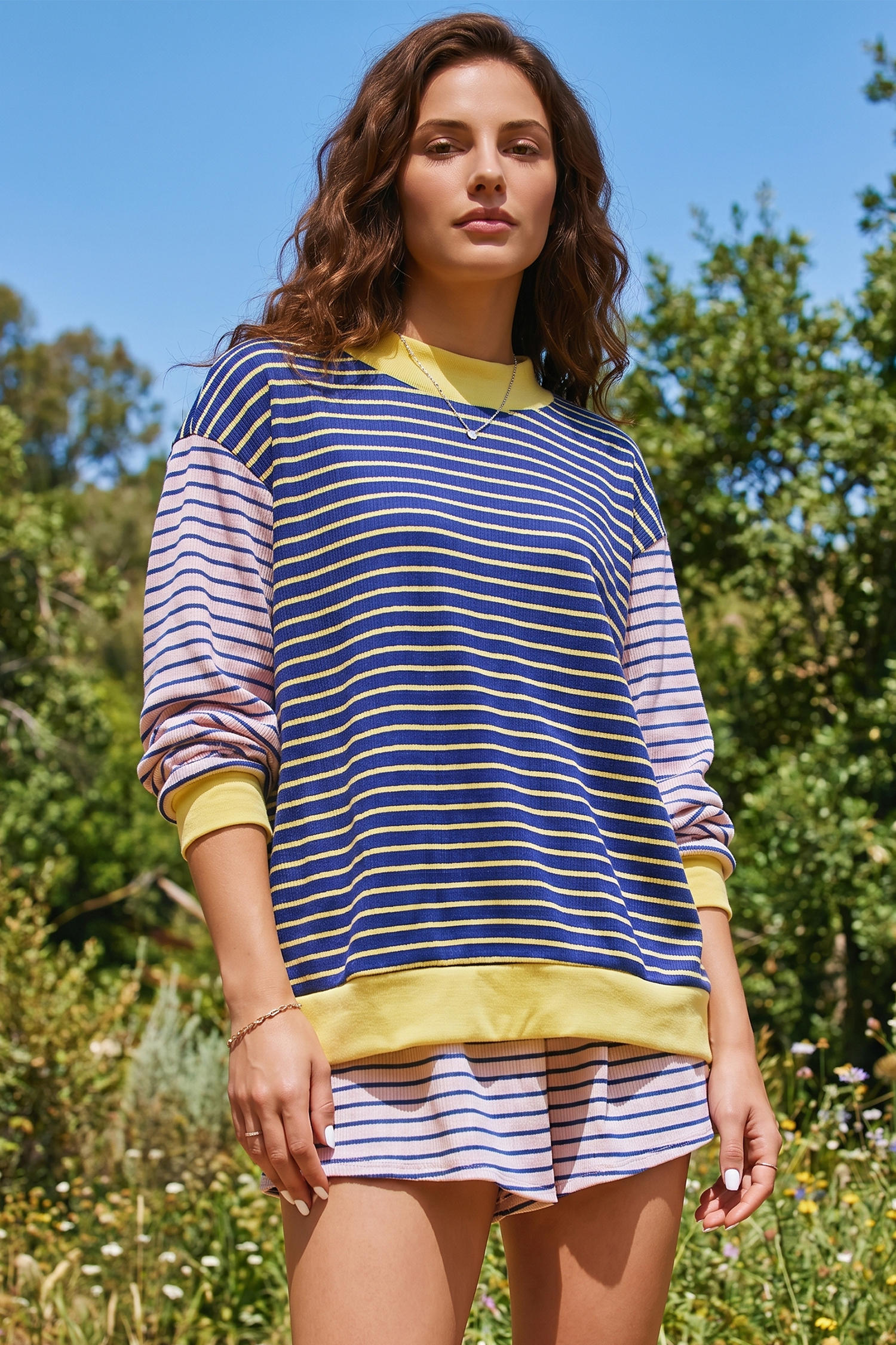 Casual Long Sleeve Pullover, Women's Blue Stripe Daily Top - Detail View 3 Casual Long Sleeve Pullover, Women's Blue Stripe Daily Top - Detail View 3