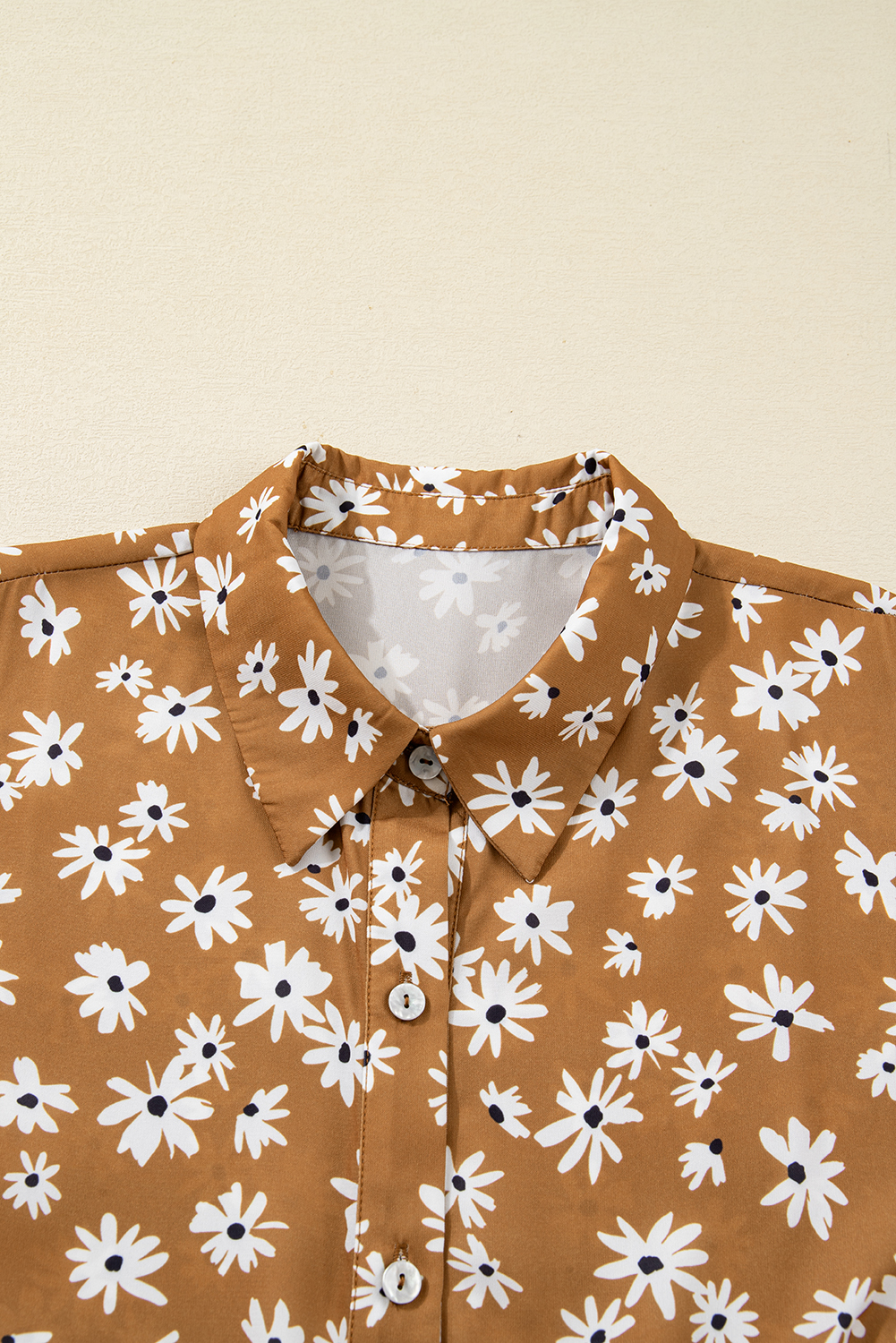 Plus Size Khaki Daisy Floral A-Line Dress with Button Details for Fall Outings - Detail View 5 Plus Size Khaki Daisy Floral A-Line Dress with Button Details for Fall Outings - Detail View 5
