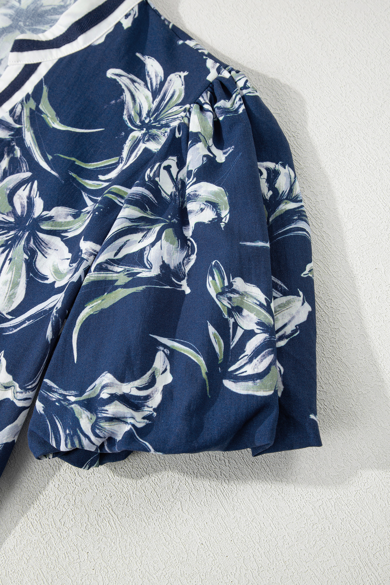 Chic Blue Floral V Neck Blouse with Puff Sleeves - Perfect for Daily Wear and Outings - Detail View 8 Chic Blue Floral V Neck Blouse with Puff Sleeves - Perfect for Daily Wear and Outings - Detail View 8
