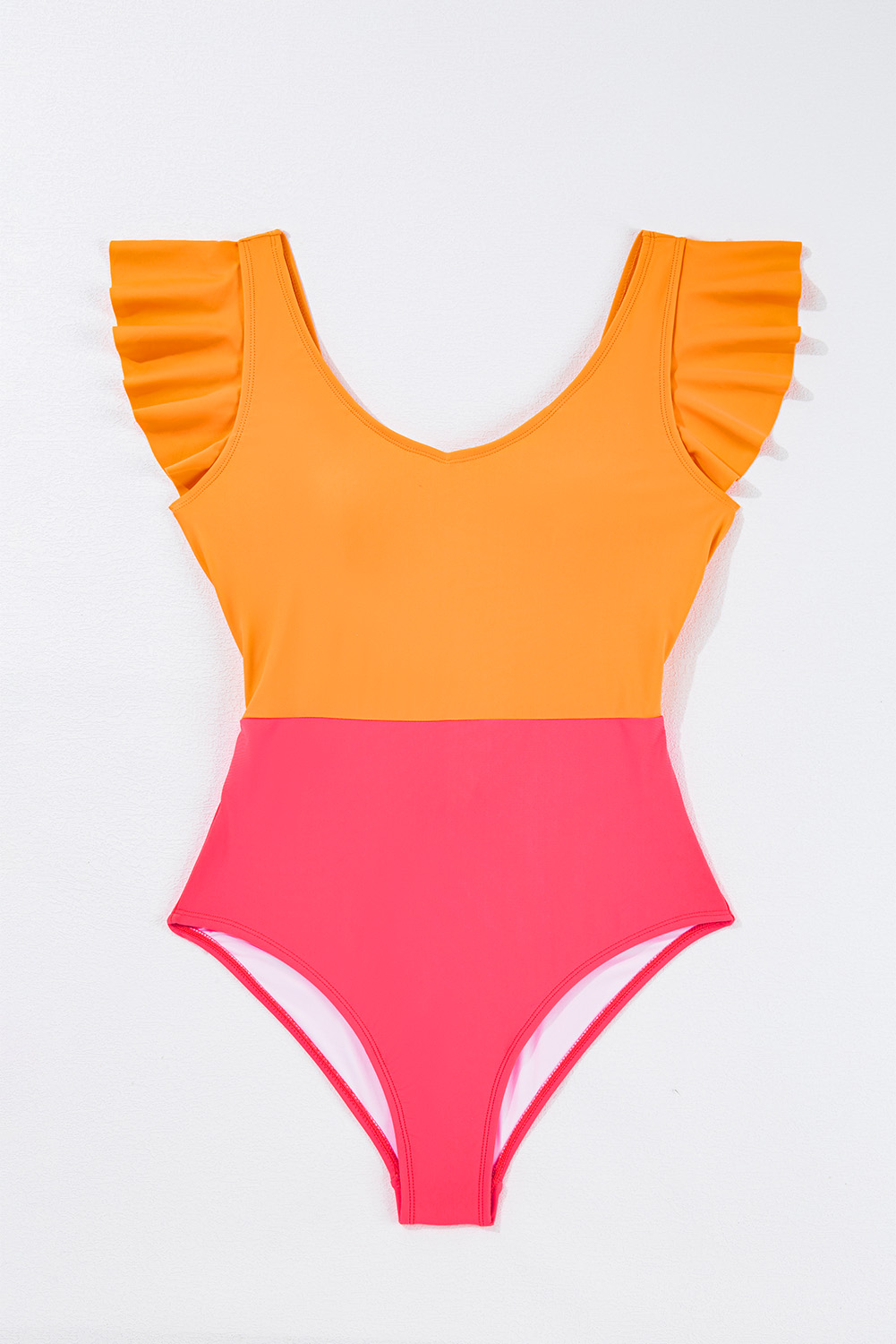Chic and Playful Vitality Orange Ruffled Color Block Swimsuit for Beach Vacations - Detail View 6 Chic and Playful Vitality Orange Ruffled Color Block Swimsuit for Beach Vacations - Detail View 6