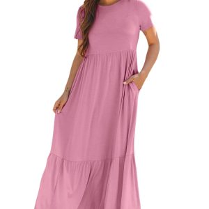 Women's Pink Solid Color High Waist Pocketed Long Maxi Dress - Main View