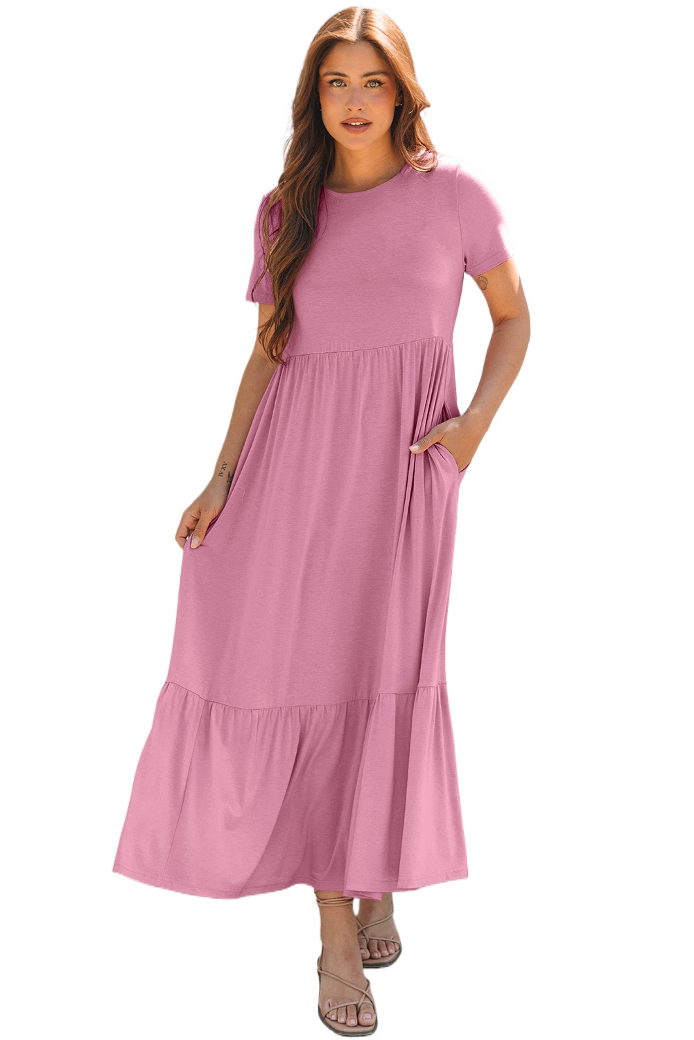Women's Pink Solid Color High Waist Pocketed Long Maxi Dress - Main View Women's Pink Solid Color High Waist Pocketed Long Maxi Dress - Main View