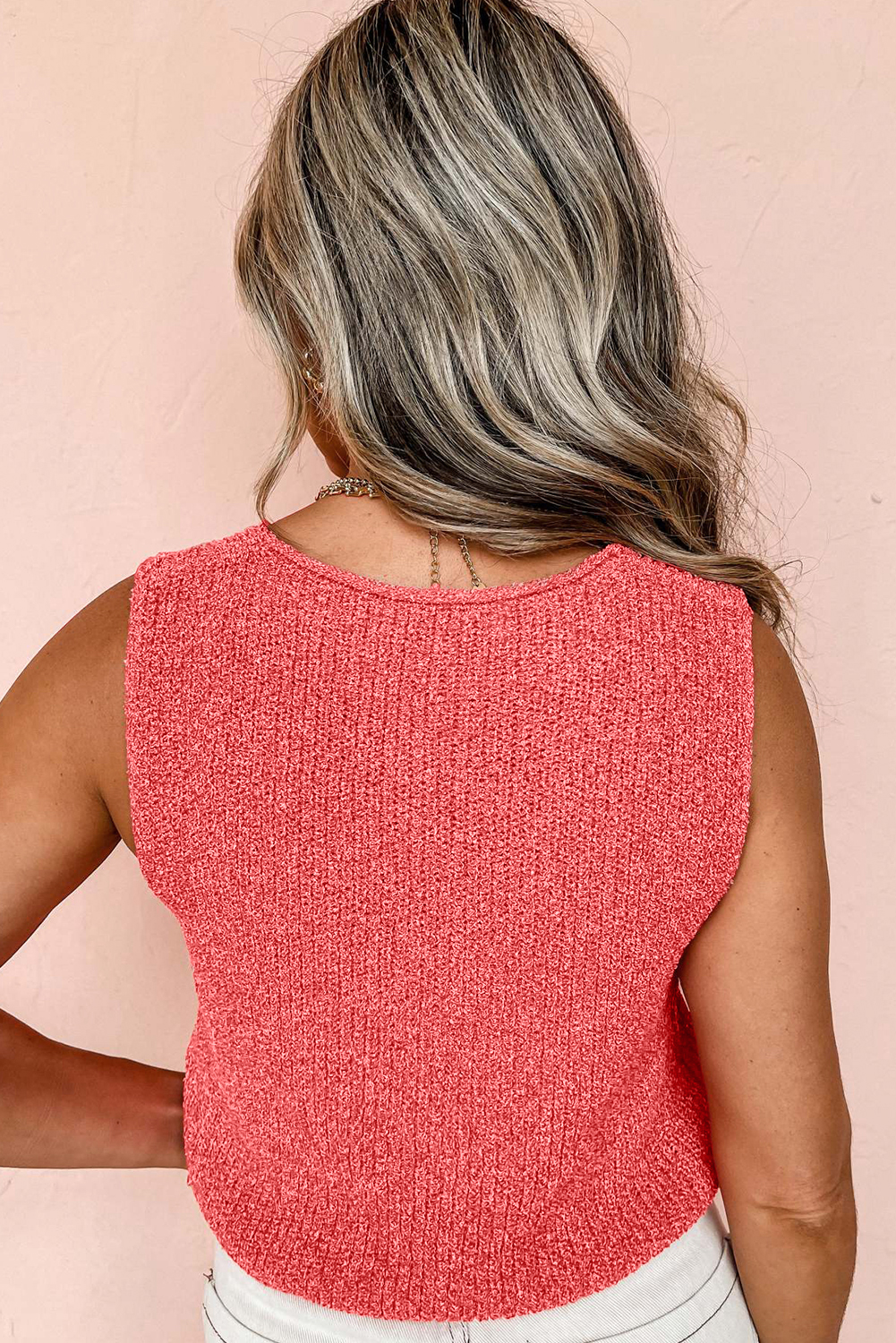 Sleeveless V Neck Knit Vest, Tomato Red Casual Front Knot Top - Detail View 2 Sleeveless V Neck Knit Vest, Tomato Red Casual Front Knot Top - Detail View 2