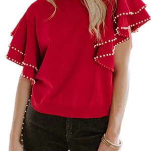 Women's Racing Red Pearl-Embellished Ruffle Short Sleeve Sweater – Elegant Casual Daily Wear - Main View