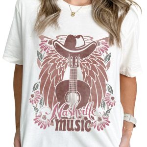 Women's White Nashville Music Cowboy Hat Guitar Graphic Tee - Main View