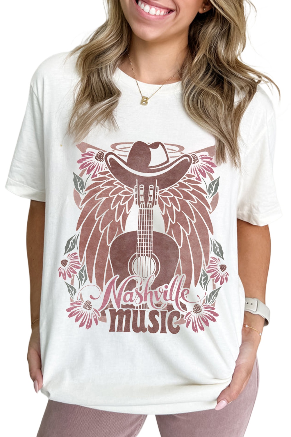 Women's White Nashville Music Cowboy Hat Guitar Graphic Tee - Main View Women's White Nashville Music Cowboy Hat Guitar Graphic Tee - Main View