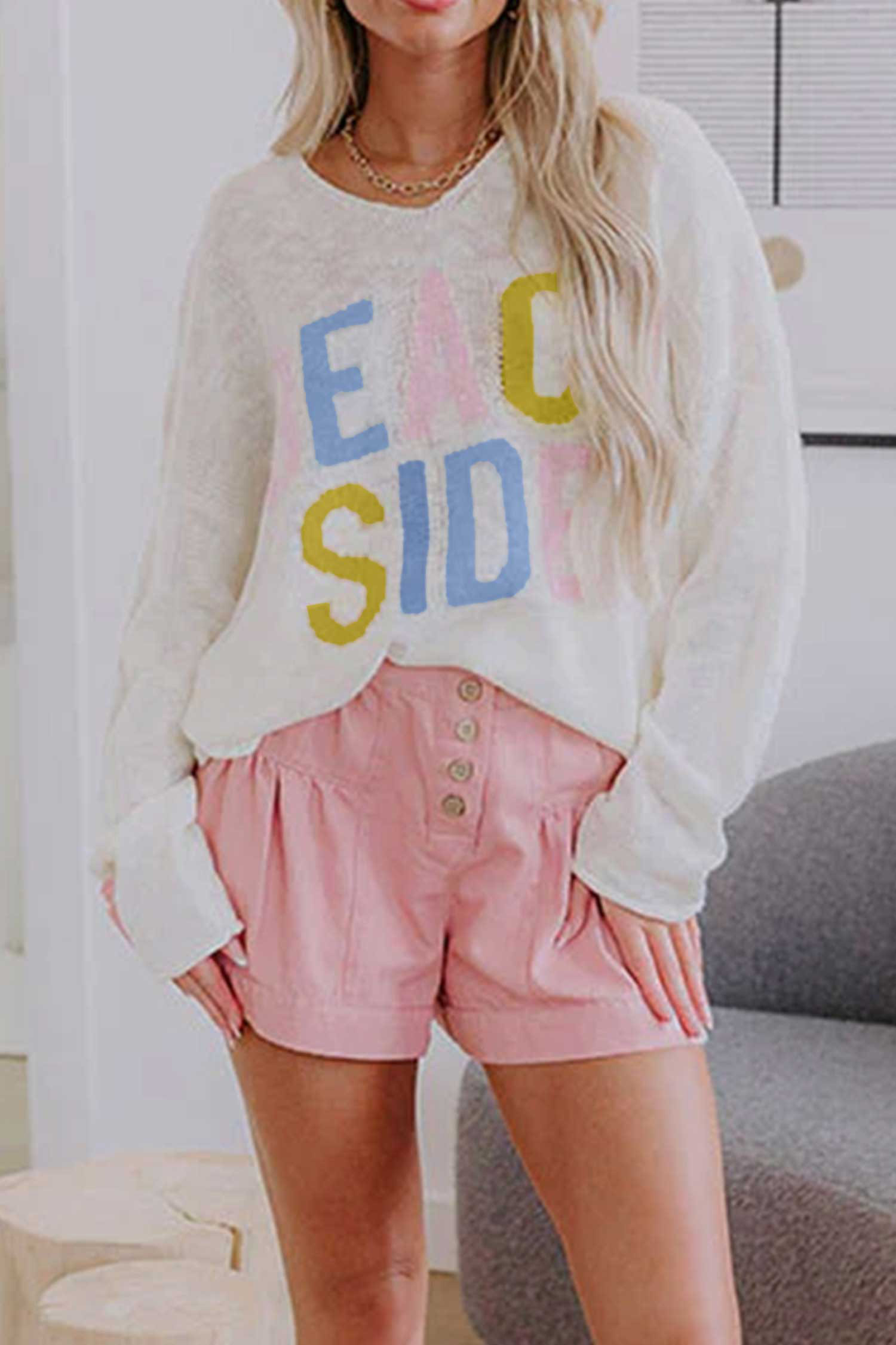Women's White V Neck Knit Sweater, Casual Beach Side Top - Detail View 7 Women's White V Neck Knit Sweater, Casual Beach Side Top - Detail View 7