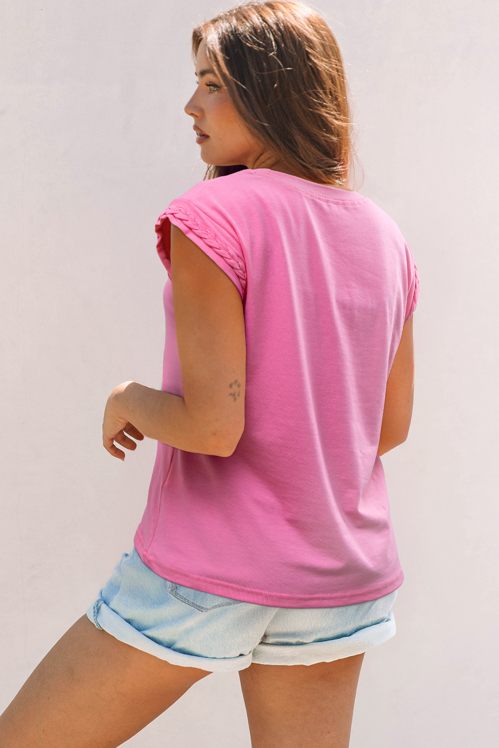 Chic Bonbon Pink T-Shirt with Braided Cap Sleeves - Perfect for Summer - Detail View 2 Chic Bonbon Pink T-Shirt with Braided Cap Sleeves - Perfect for Summer - Detail View 2