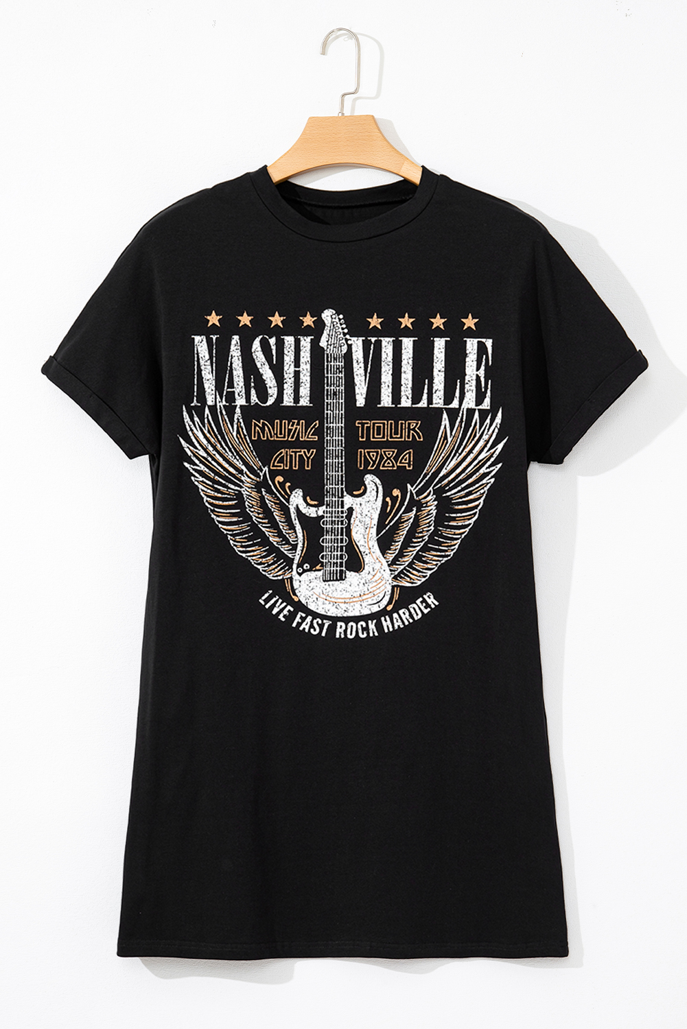 Nashville Graphic Print T Shirt Dress, Women's Rock Style - Detail View 2 Nashville Graphic Print T Shirt Dress, Women's Rock Style - Detail View 2